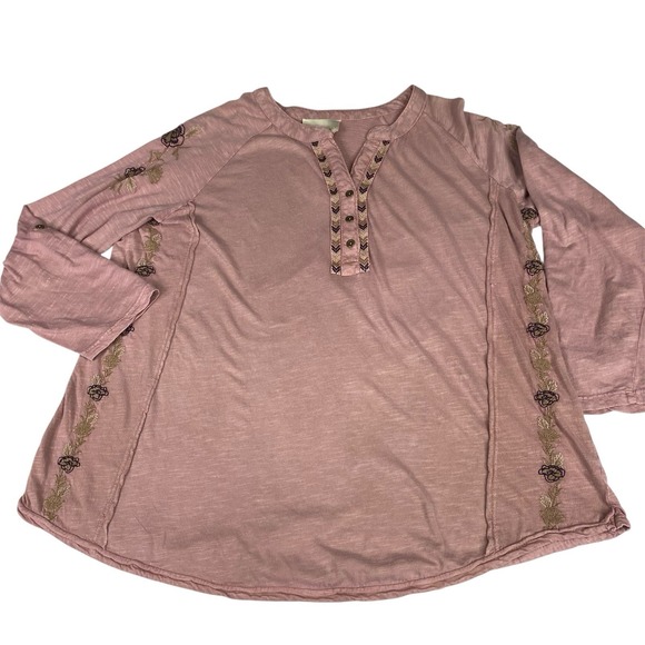 Cynthia Rowley Mauve Embroidered Floral Blouse Women Sz 1X V Neck Peasant Top - Picture 9 of 16
